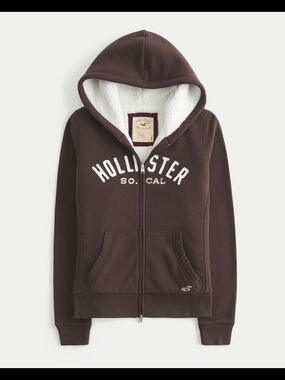 Hollister Brown Zip Hoodie with White Sherpa Lining Like New Size XL